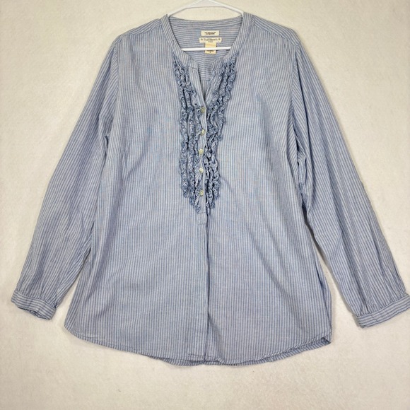RuffHewn Tops - Ruff Hewn Woman Henley‎ Blouse 1X Striped Ruffle Front Coastal Casual